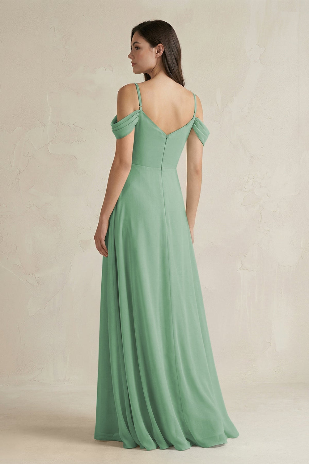 Off - the - Shoulder Chiffon A - Line Bridesmaid Dress in Sea Glass - SHE IS ME Bridesmaid Dresses