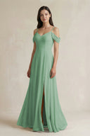 Off - the - Shoulder Chiffon A - Line Bridesmaid Dress in Sea Glass - SHE IS ME Bridesmaid Dresses