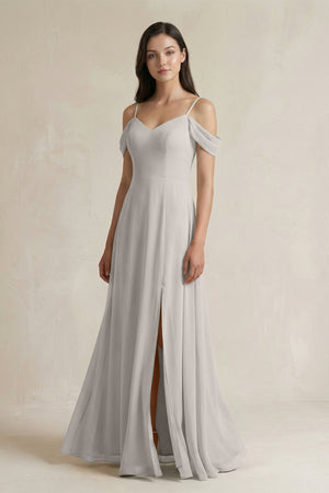 Off - the - Shoulder Chiffon A - Line Bridesmaid Dress in Silver - SHE IS ME Bridesmaid Dresses