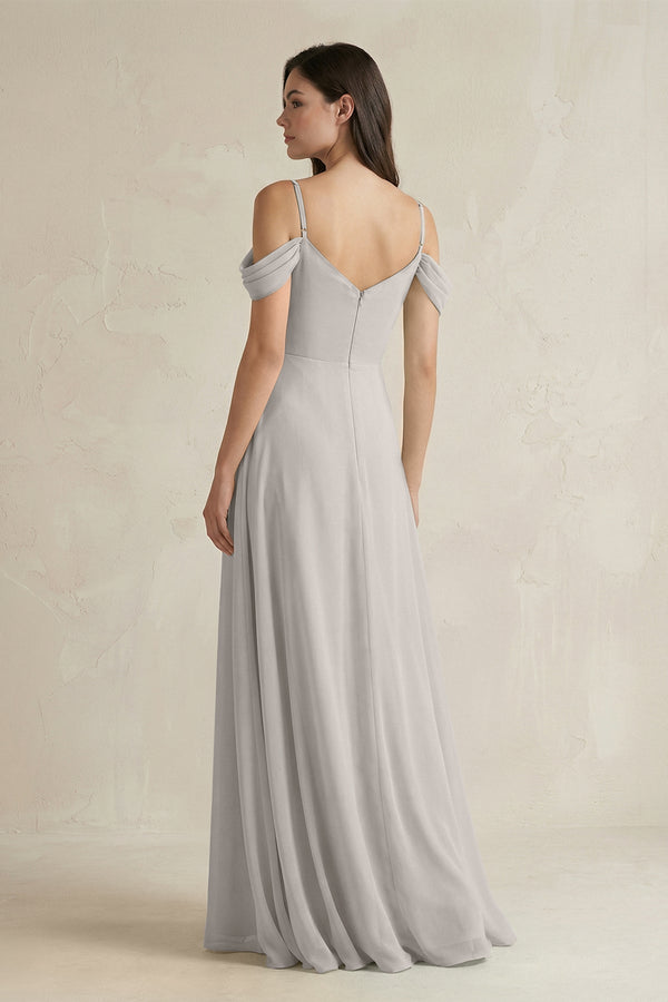 Off - the - Shoulder Chiffon A - Line Bridesmaid Dress in Silver - SHE IS ME Bridesmaid Dresses