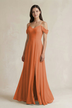 Off - the - Shoulder Chiffon A - Line Bridesmaid Dress in Terracotta - SHE IS ME Bridesmaid Dresses