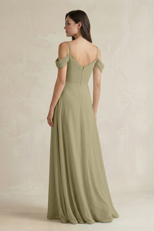 Off - the - Shoulder Chiffon A - Line Bridesmaid Dress in Thyme - SHE IS ME Bridesmaid Dresses