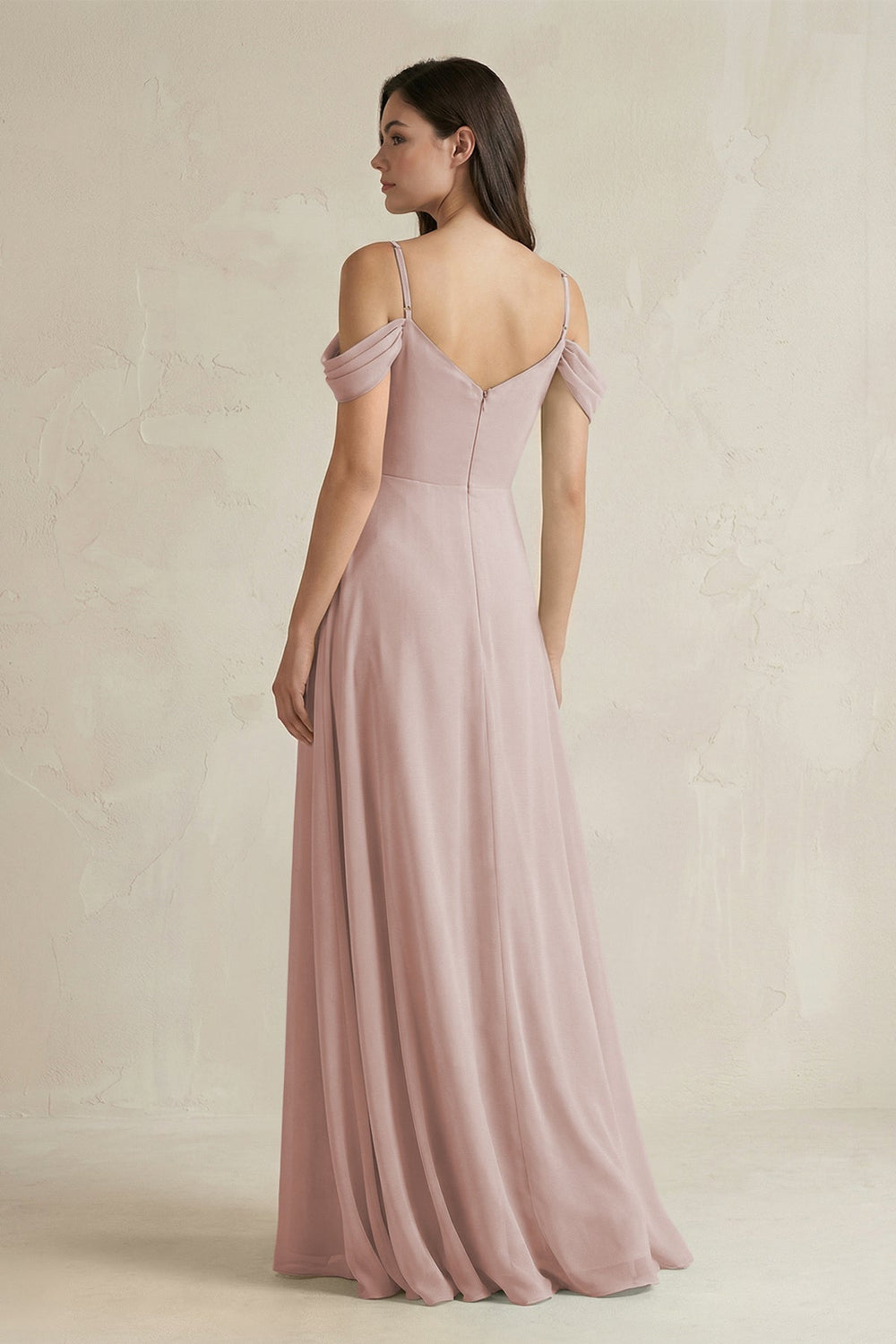 Off - the - Shoulder Chiffon A - Line Bridesmaid Dress in Toffee - SHE IS ME Bridesmaid Dresses