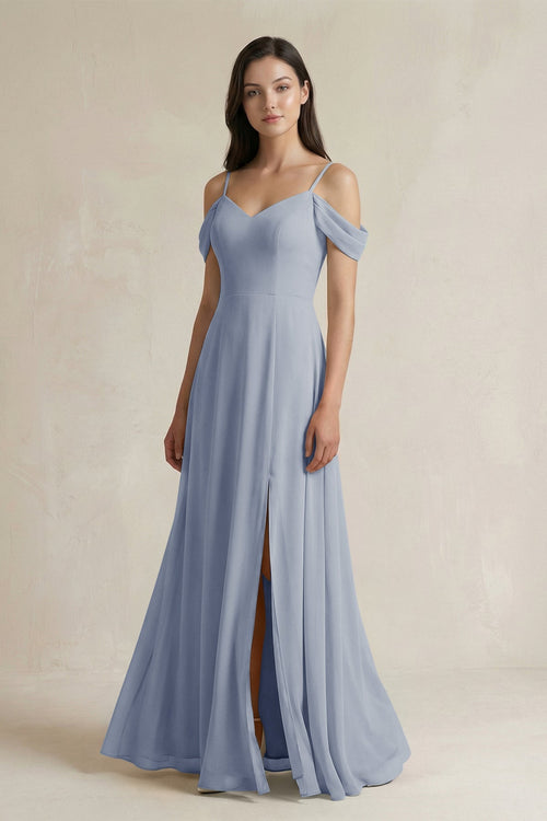 Off - the - Shoulder Chiffon A - Line Bridesmaid Dress in Twilight - SHE IS ME Bridesmaid Dresses