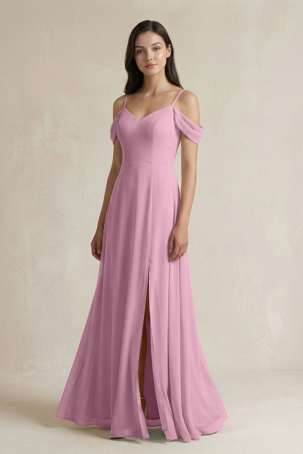 Off - the - Shoulder Chiffon A - Line Bridesmaid Dress in Vintage Mauve - SHE IS ME Bridesmaid Dresses