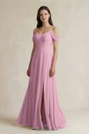 Off - the - Shoulder Chiffon A - Line Bridesmaid Dress in Vintage Mauve - SHE IS ME Bridesmaid Dresses