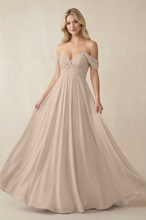 Off - the - Shoulder Chiffon A - Line Long Bridesmaid Dress in Almond - SHE IS ME Bridesmaid Dresses