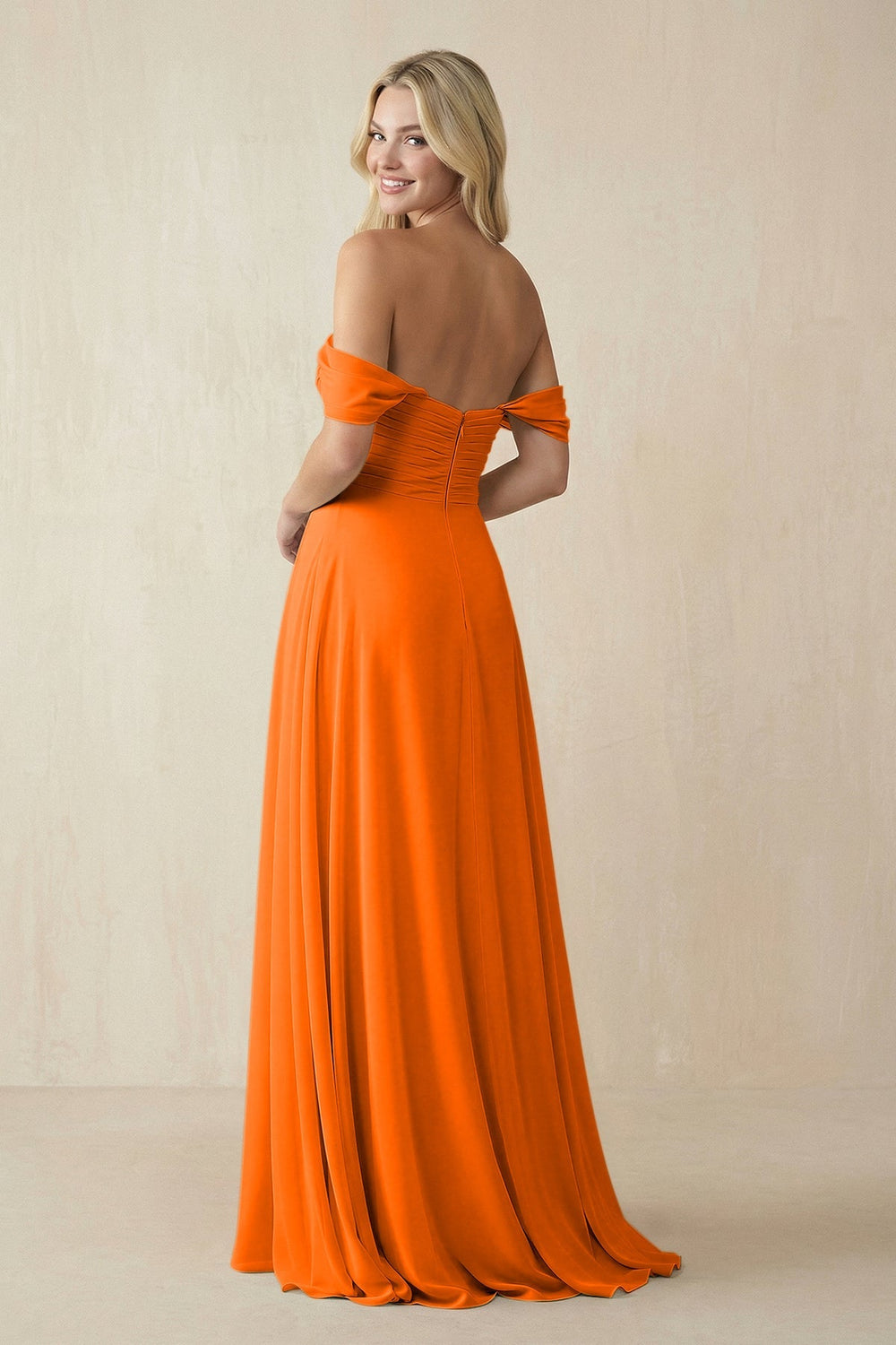Off - the - Shoulder Chiffon A - Line Long Bridesmaid Dress in Cinnamon - SHE IS ME Bridesmaid Dresses