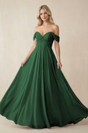 Off - the - Shoulder Chiffon A - Line Long Bridesmaid Dress in Dark Green - SHE IS ME Bridesmaid Dresses