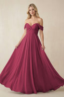 Off - the - Shoulder Chiffon A - Line Long Bridesmaid Dress in Desert Rose - SHE IS ME Bridesmaid Dresses