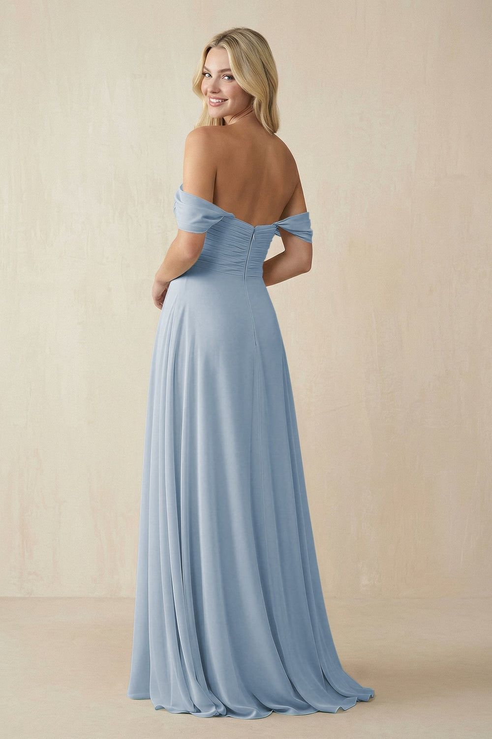 Off - the - Shoulder Chiffon A - Line Long Bridesmaid Dress in Dusty Blue - SHE IS ME Bridesmaid Dresses