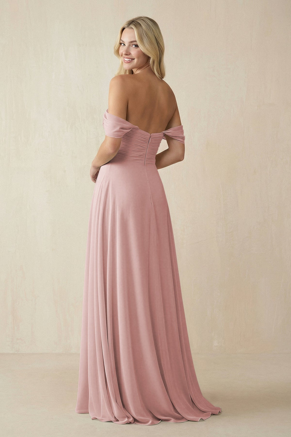 Off - the - Shoulder Chiffon A - Line Long Bridesmaid Dress in Dusty Rose - SHE IS ME Bridesmaid Dresses