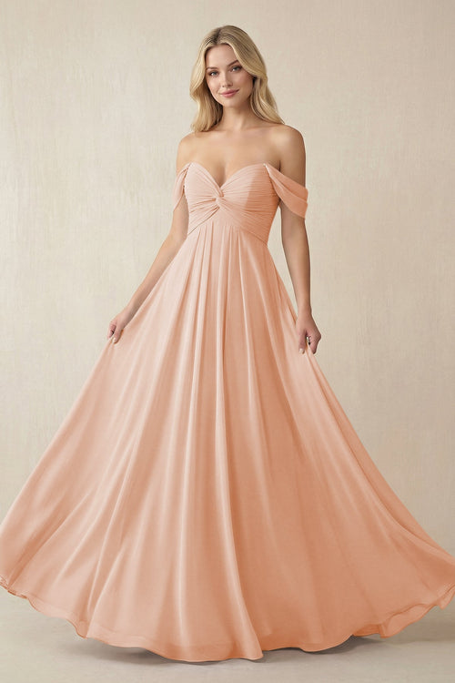 Off - the - Shoulder Chiffon A - Line Long Bridesmaid Dress in English Rose - SHE IS ME Bridesmaid Dresses