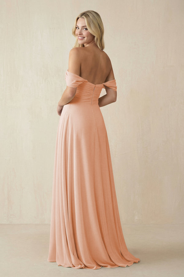 Off - the - Shoulder Chiffon A - Line Long Bridesmaid Dress in English Rose - SHE IS ME Bridesmaid Dresses