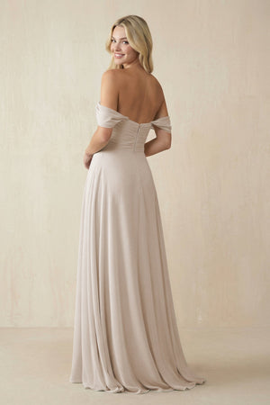 Off - the - Shoulder Chiffon A - Line Long Bridesmaid Dress in Frost - SHE IS ME Bridesmaid Dresses