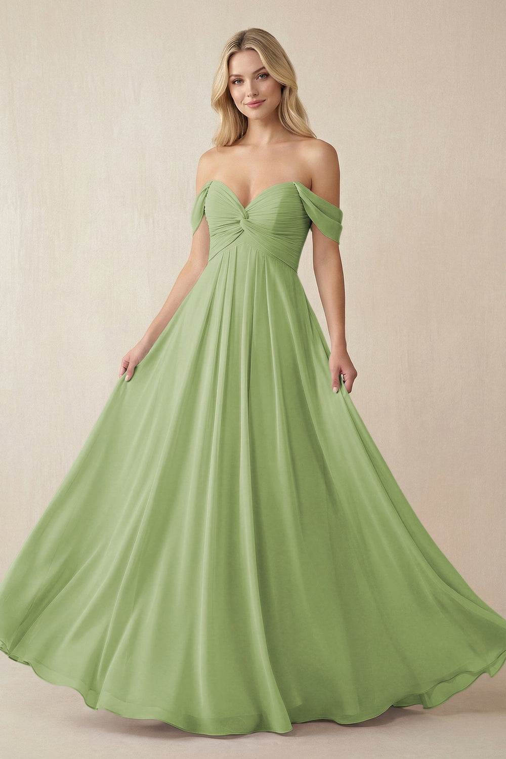 Off - the - Shoulder Chiffon A - Line Long Bridesmaid Dress in Matcha - SHE IS ME Bridesmaid Dresses