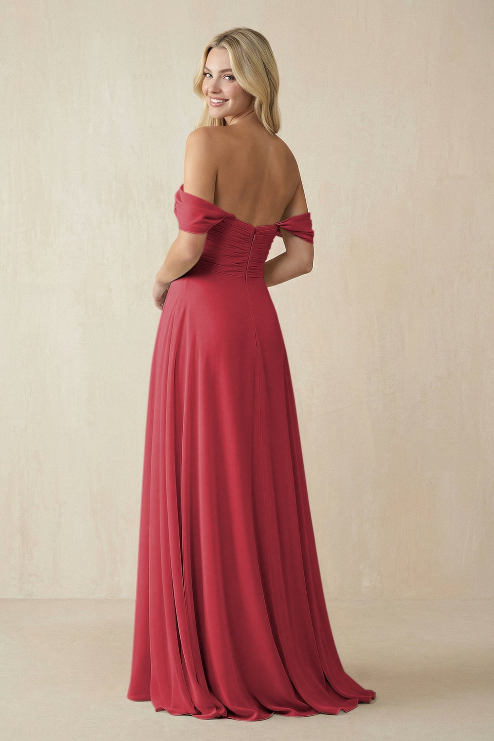 Off - the - Shoulder Chiffon A - Line Long Bridesmaid Dress in Merlot - SHE IS ME Bridesmaid Dresses