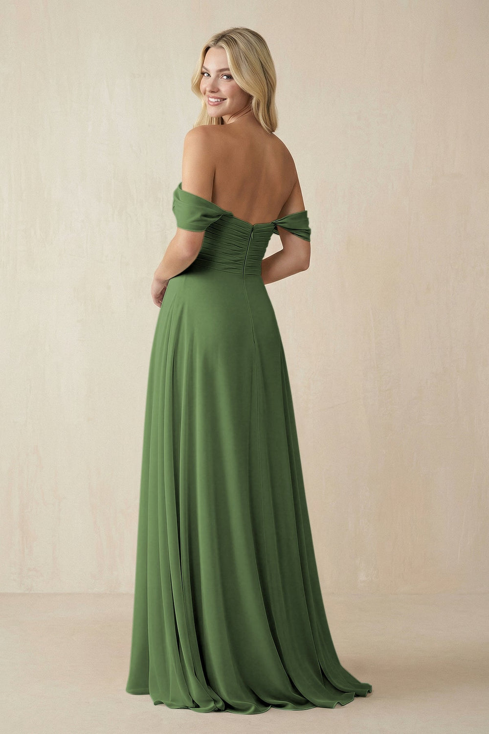 Off - the - Shoulder Chiffon A - Line Long Bridesmaid Dress in Moss - SHE IS ME Bridesmaid Dresses