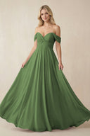 Off - the - Shoulder Chiffon A - Line Long Bridesmaid Dress in Moss - SHE IS ME Bridesmaid Dresses
