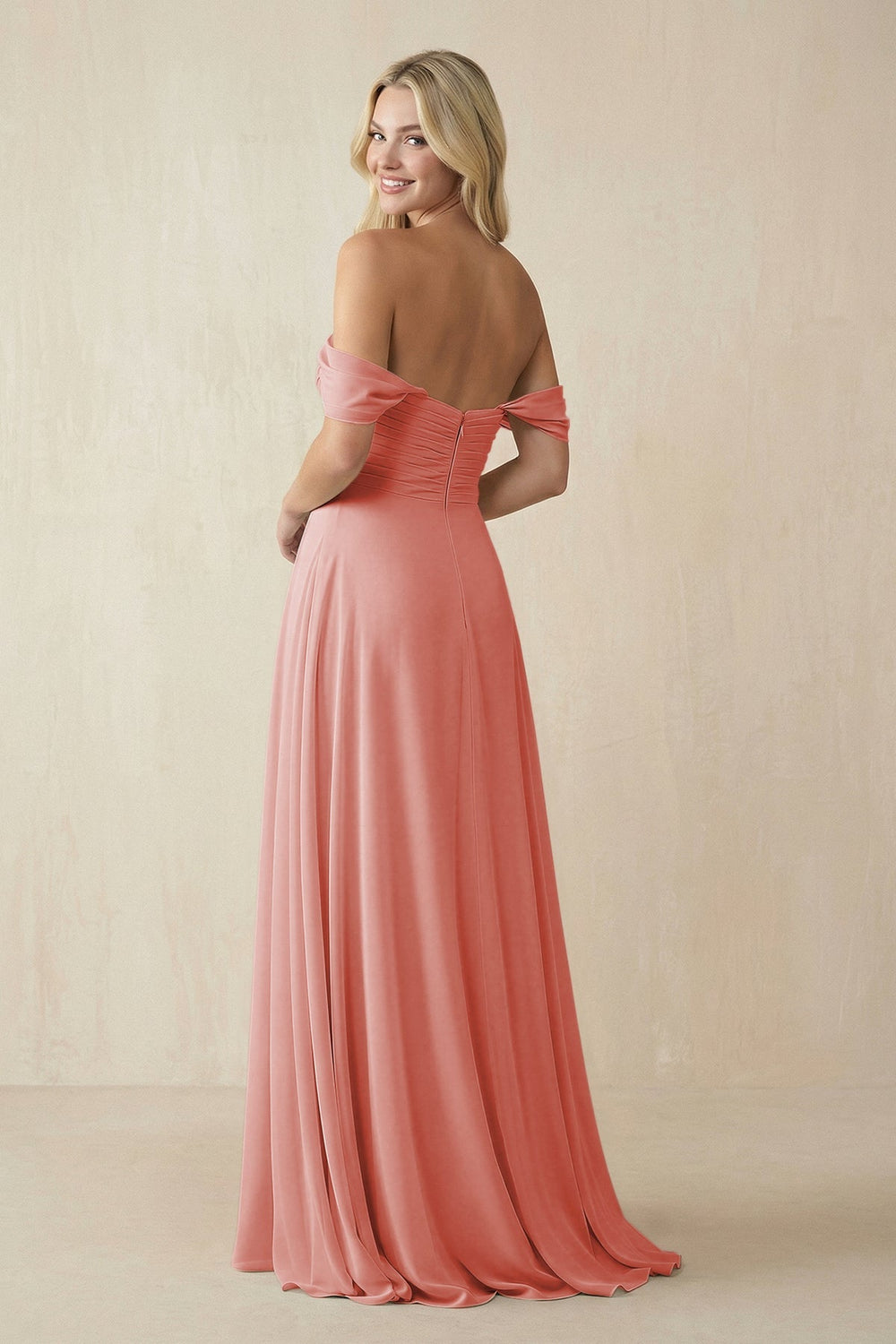 Off - the - Shoulder Chiffon A - Line Long Bridesmaid Dress in Mulberry - SHE IS ME Bridesmaid Dresses