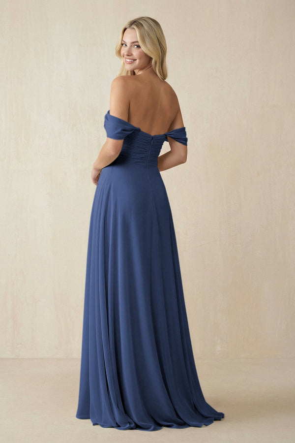 Off - the - Shoulder Chiffon A - Line Long Bridesmaid Dress in Navy - SHE IS ME Bridesmaid Dresses