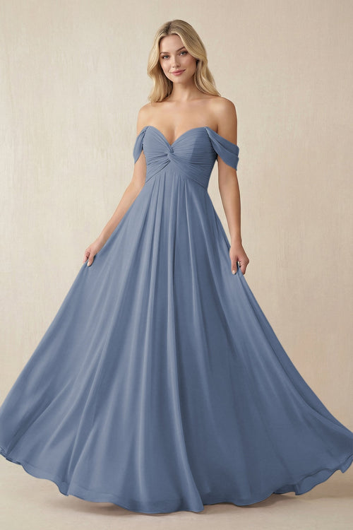 Off - the - Shoulder Chiffon A - Line Long Bridesmaid Dress in Neptune - SHE IS ME Bridesmaid Dresses