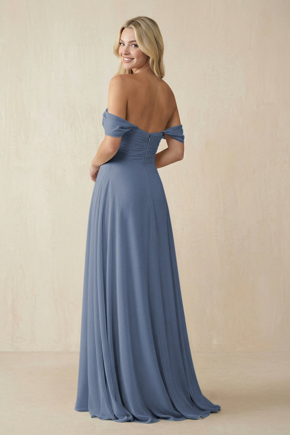 Off - the - Shoulder Chiffon A - Line Long Bridesmaid Dress in Neptune - SHE IS ME Bridesmaid Dresses
