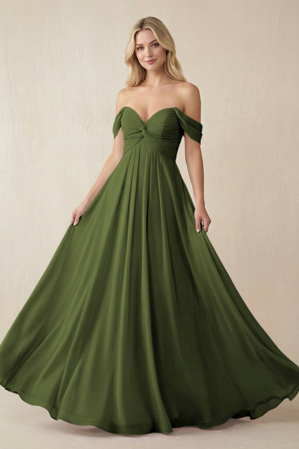 Off - the - Shoulder Chiffon A - Line Long Bridesmaid Dress in Olive - SHE IS ME Bridesmaid Dresses