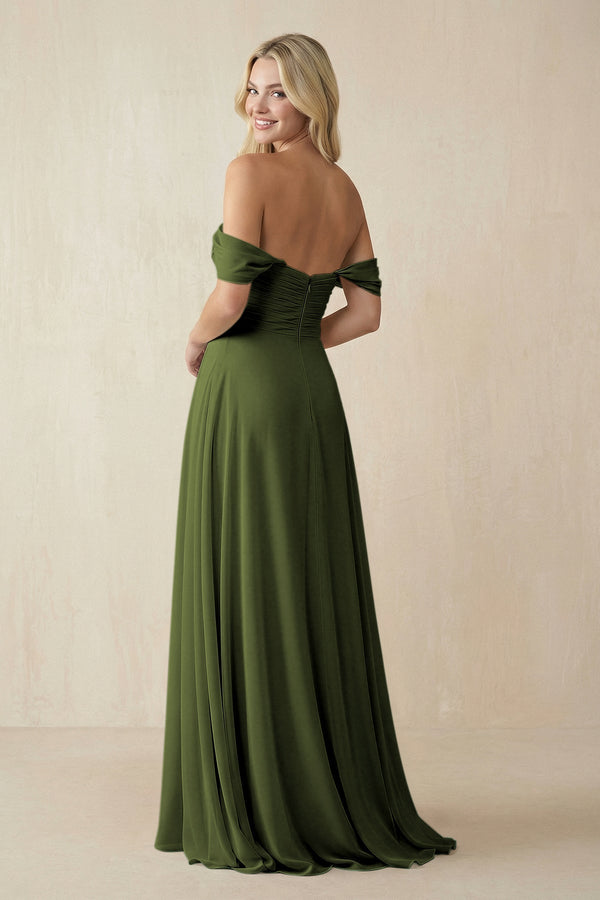 Off - the - Shoulder Chiffon A - Line Long Bridesmaid Dress in Olive - SHE IS ME Bridesmaid Dresses