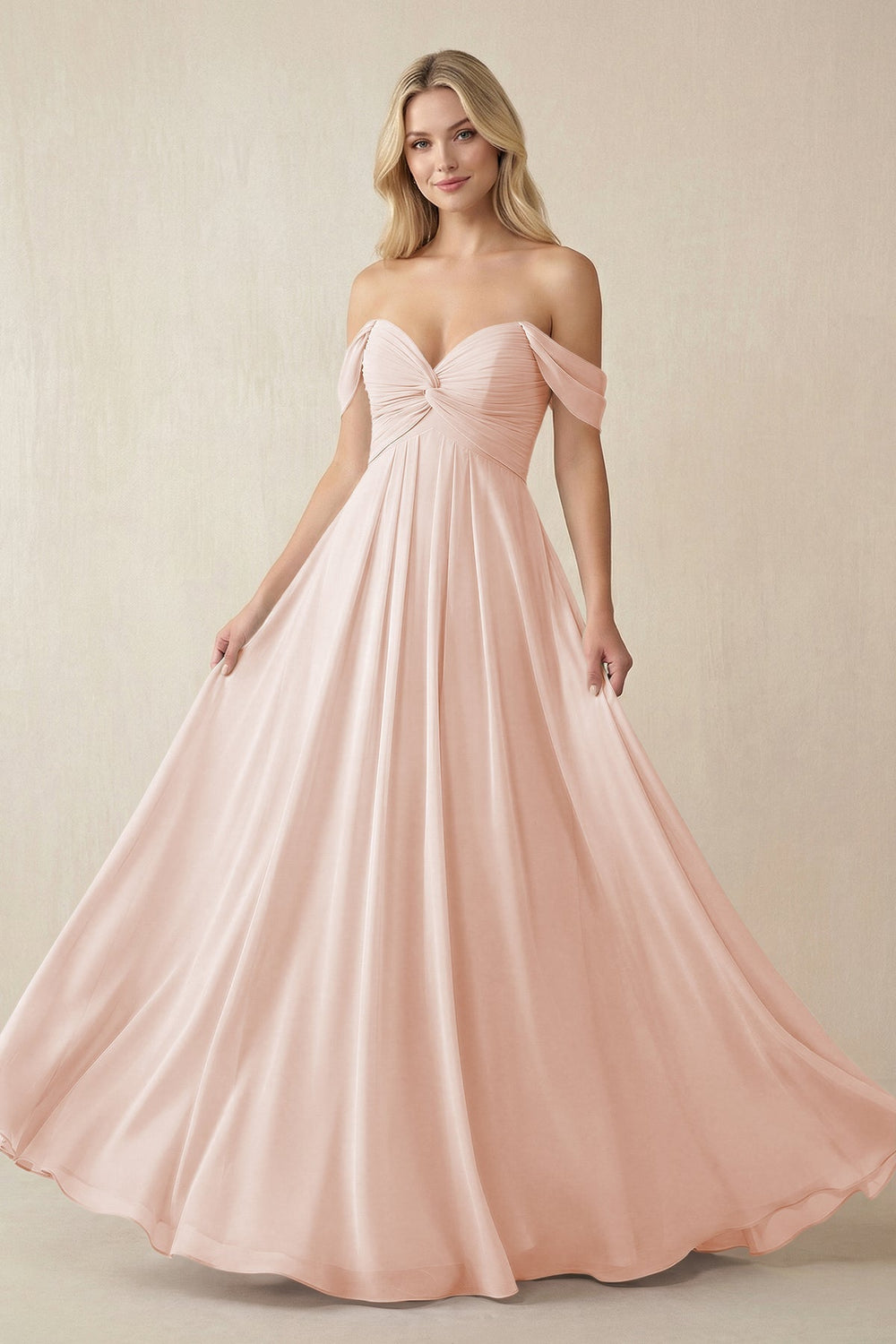 Off - the - Shoulder Chiffon A - Line Long Bridesmaid Dress in Pale Blush - SHE IS ME Bridesmaid Dresses