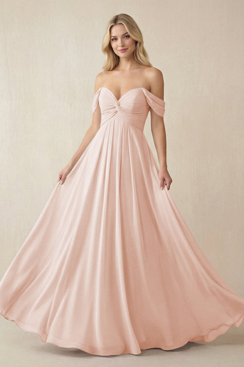 Off - the - Shoulder Chiffon A - Line Long Bridesmaid Dress in Pale Blush - SHE IS ME Bridesmaid Dresses