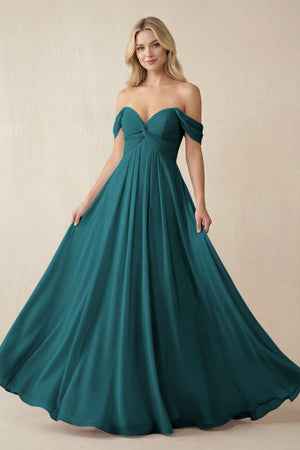 Off - the - Shoulder Chiffon A - Line Long Bridesmaid Dress in Pine - SHE IS ME Bridesmaid Dresses
