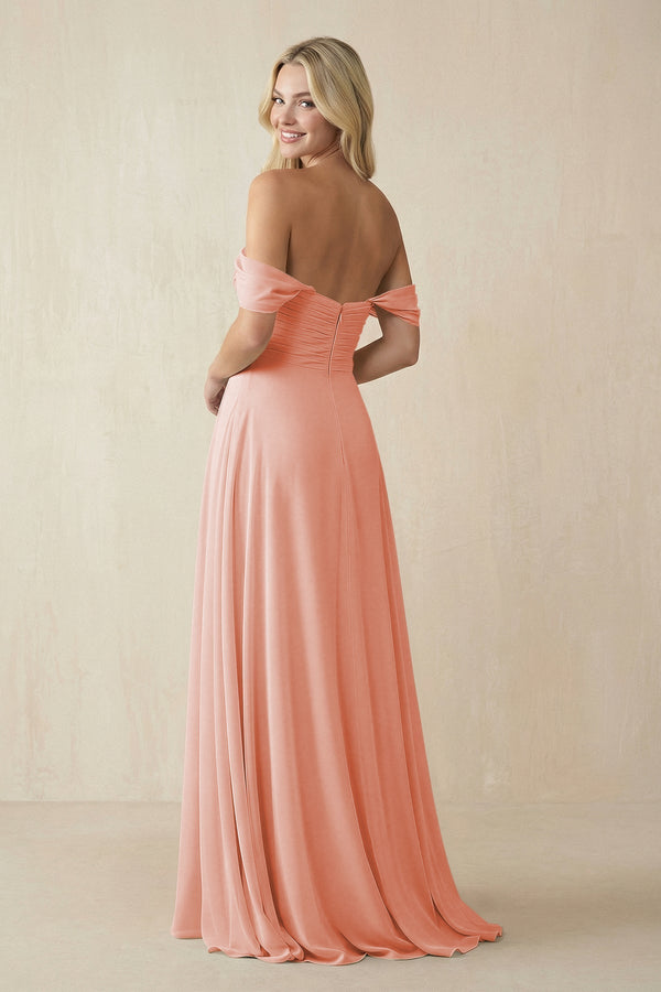 Off - the - Shoulder Chiffon A - Line Long Bridesmaid Dress in Rose Petal - SHE IS ME Bridesmaid Dresses