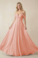 Off - the - Shoulder Chiffon A - Line Long Bridesmaid Dress in Rose Petal - SHE IS ME Bridesmaid Dresses