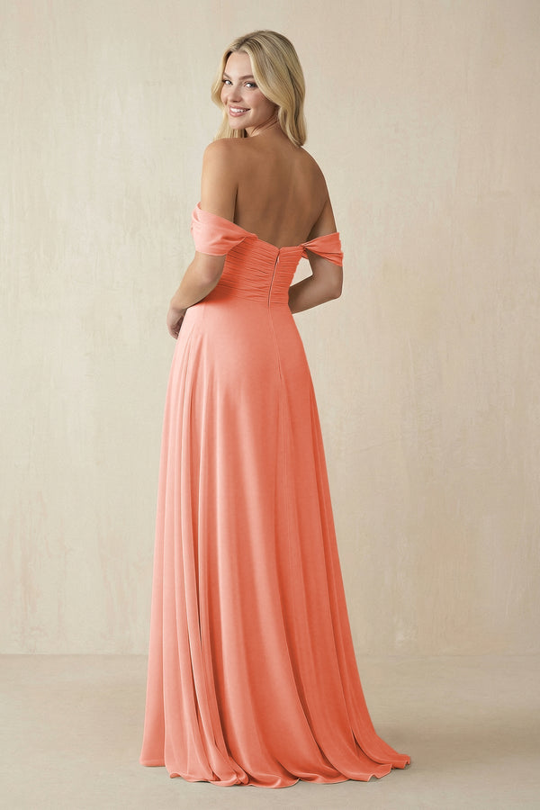 Off - the - Shoulder Chiffon A - Line Long Bridesmaid Dress in Rosette - SHE IS ME Bridesmaid Dresses