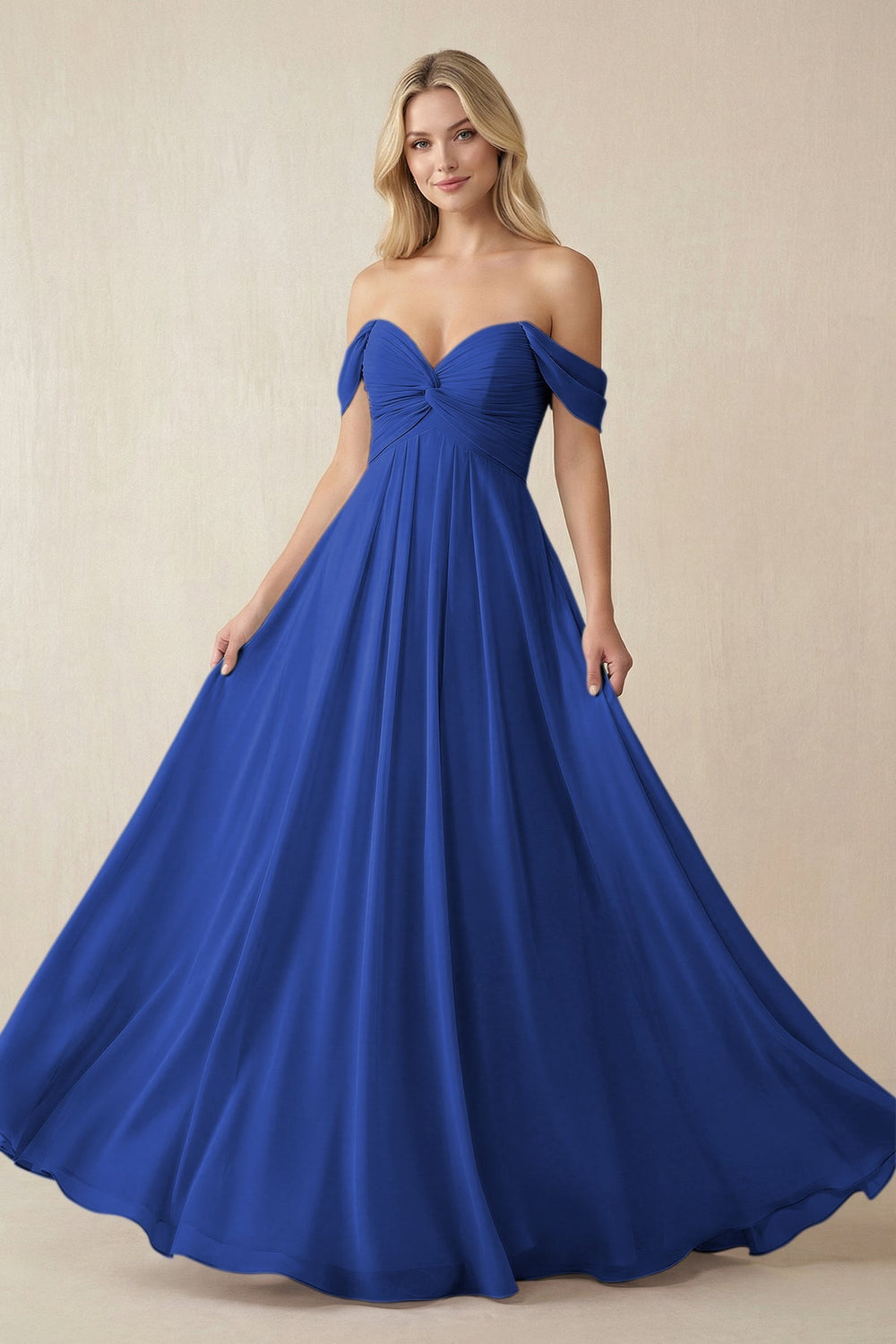 Off - the - Shoulder Chiffon A - Line Long Bridesmaid Dress in Royal Blue - SHE IS ME Bridesmaid Dresses