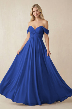 Off - the - Shoulder Chiffon A - Line Long Bridesmaid Dress in Royal Blue - SHE IS ME Bridesmaid Dresses