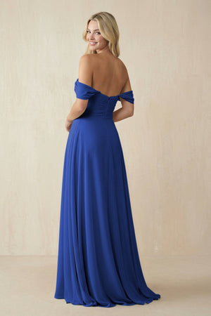 Off - the - Shoulder Chiffon A - Line Long Bridesmaid Dress in Royal Blue - SHE IS ME Bridesmaid Dresses
