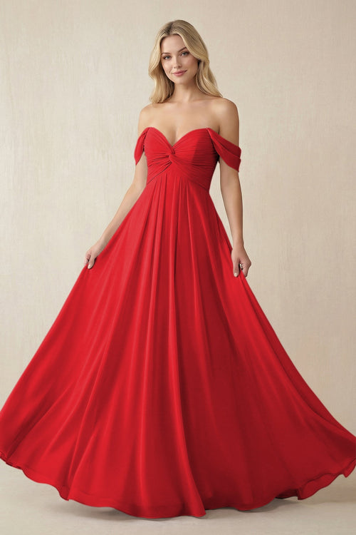 Off - the - Shoulder Chiffon A - Line Long Bridesmaid Dress in Ruby Red - SHE IS ME Bridesmaid Dresses