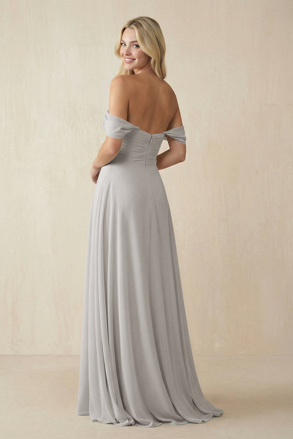 Off - the - Shoulder Chiffon A - Line Long Bridesmaid Dress in Silver - SHE IS ME Bridesmaid Dresses