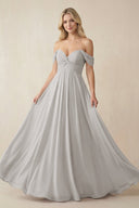Off - the - Shoulder Chiffon A - Line Long Bridesmaid Dress in Silver - SHE IS ME Bridesmaid Dresses