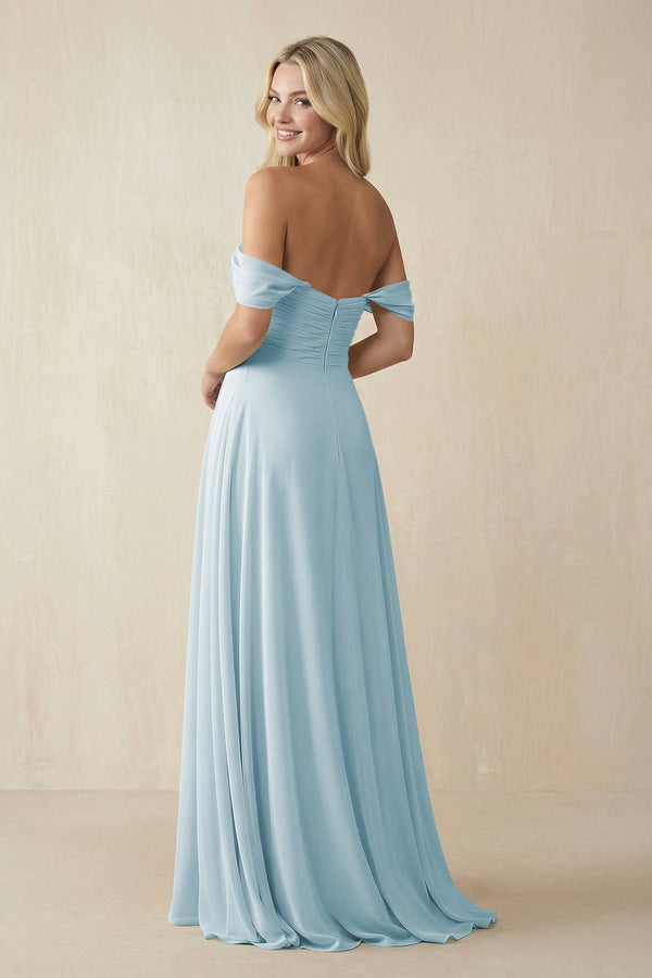 Off - the - Shoulder Chiffon A - Line Long Bridesmaid Dress in Sky Blue - SHE IS ME Bridesmaid Dresses