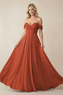 Off - the - Shoulder Chiffon A - Line Long Bridesmaid Dress in Spice - SHE IS ME Bridesmaid Dresses
