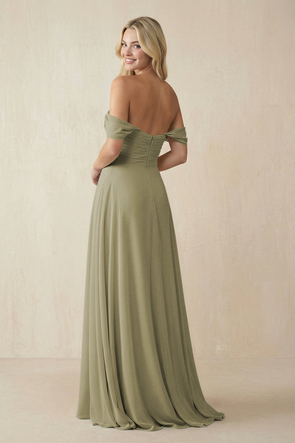 Off - the - Shoulder Chiffon A - Line Long Bridesmaid Dress in Thyme - SHE IS ME Bridesmaid Dresses