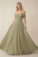 Off - the - Shoulder Chiffon A - Line Long Bridesmaid Dress in Thyme - SHE IS ME Bridesmaid Dresses
