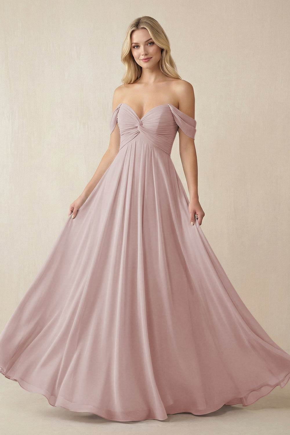 Off - the - Shoulder Chiffon A - Line Long Bridesmaid Dress in Toffee - SHE IS ME Bridesmaid Dresses