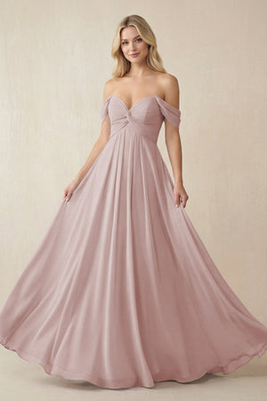 Off - the - Shoulder Chiffon A - Line Long Bridesmaid Dress in Toffee - SHE IS ME Bridesmaid Dresses