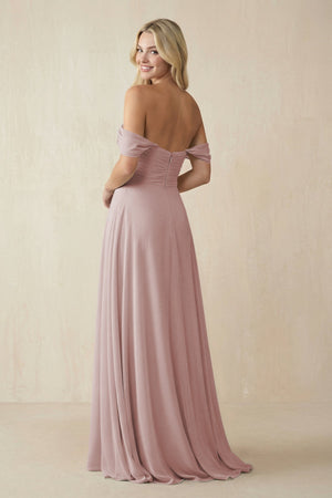 Off - the - Shoulder Chiffon A - Line Long Bridesmaid Dress in Toffee - SHE IS ME Bridesmaid Dresses