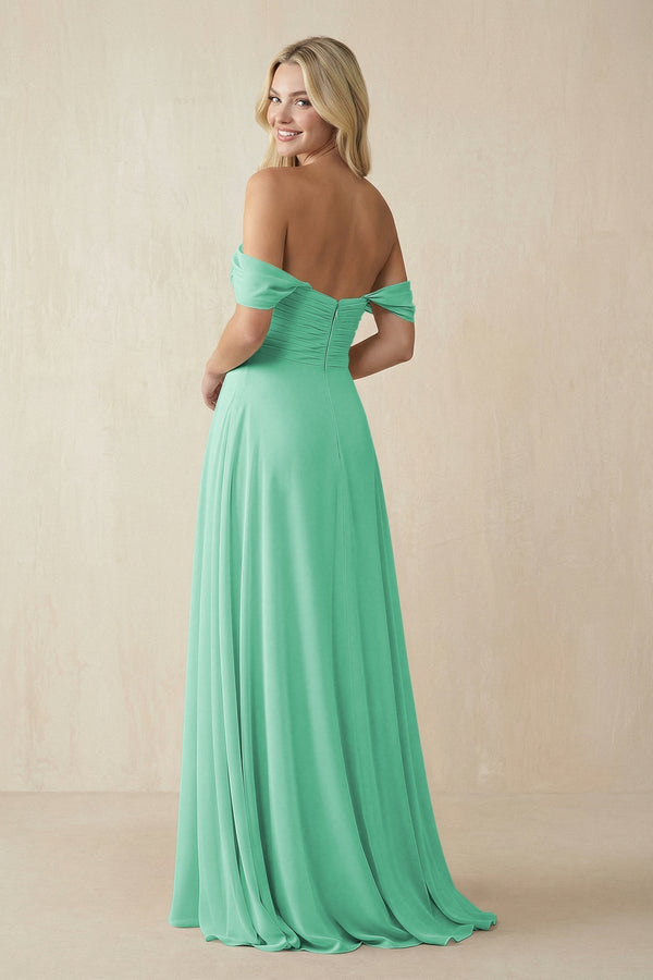 Off - the - Shoulder Chiffon A - Line Long Bridesmaid Dress in Turquoise - SHE IS ME Bridesmaid Dresses