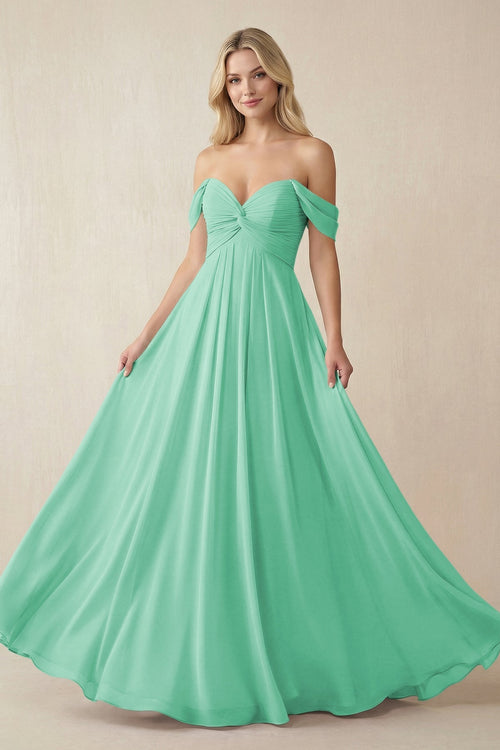 Off - the - Shoulder Chiffon A - Line Long Bridesmaid Dress in Turquoise - SHE IS ME Bridesmaid Dresses
